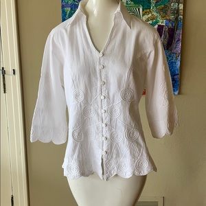 Embroiled scalloped crisp white blues